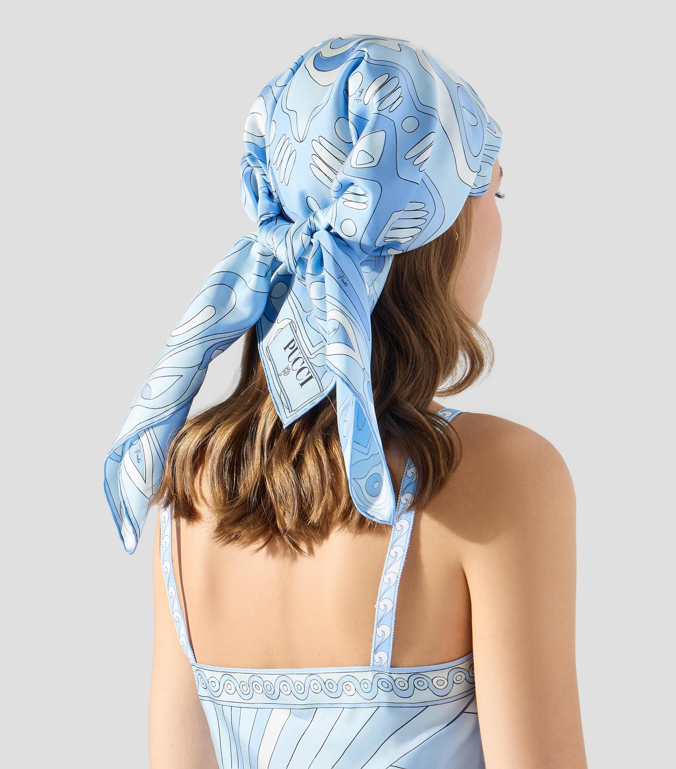 Foulard en seda azul estampado Mujer